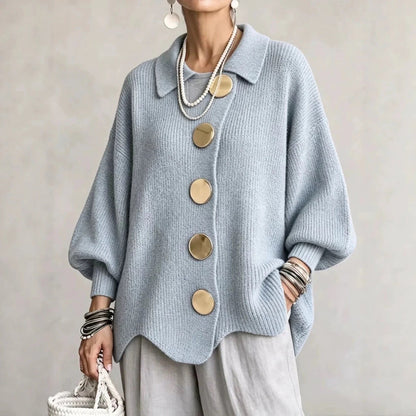 Women's Oversized Collared Knit Cardigan in Sky Blue – front view on model | Hensley London