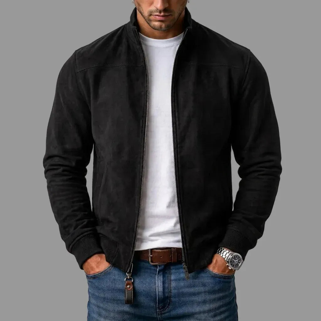 Men's Stand Collar Zip-Up Bomber Jacket in Black – front view on model | Hensley London