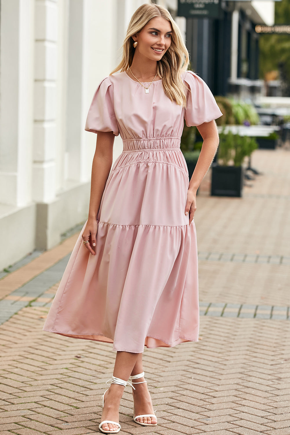 Pink Puff Sleeve Pleated High Waist Flowy Long Dress