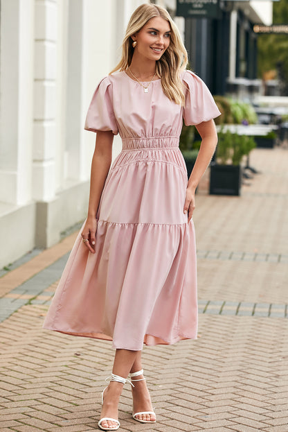 Pink Puff Sleeve Pleated High Waist Flowy Long Dress