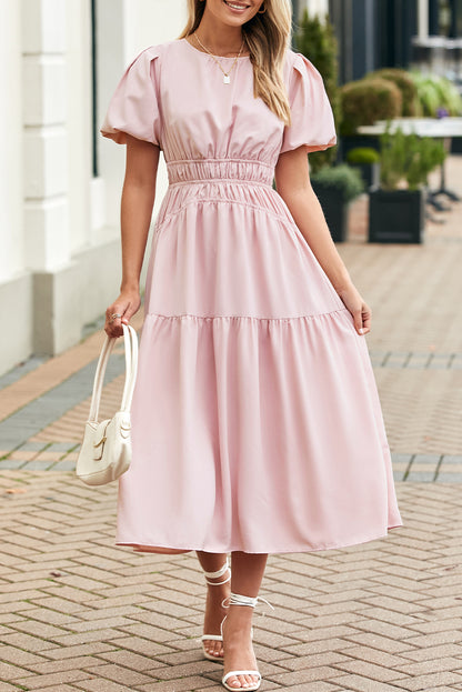 Pink Puff Sleeve Pleated High Waist Flowy Long Dress