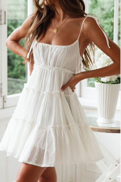 Women's Mini Dress White Cotton Tiered Ruffle-3