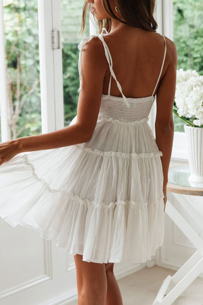 Women's Mini Dress White Cotton Tiered Ruffle-4