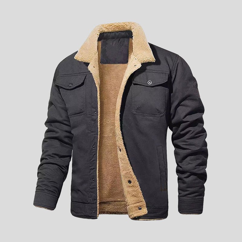 Men's Fleece-Lined Jacket with Contrast Collar in Dark Grey – front product view | Hensley London