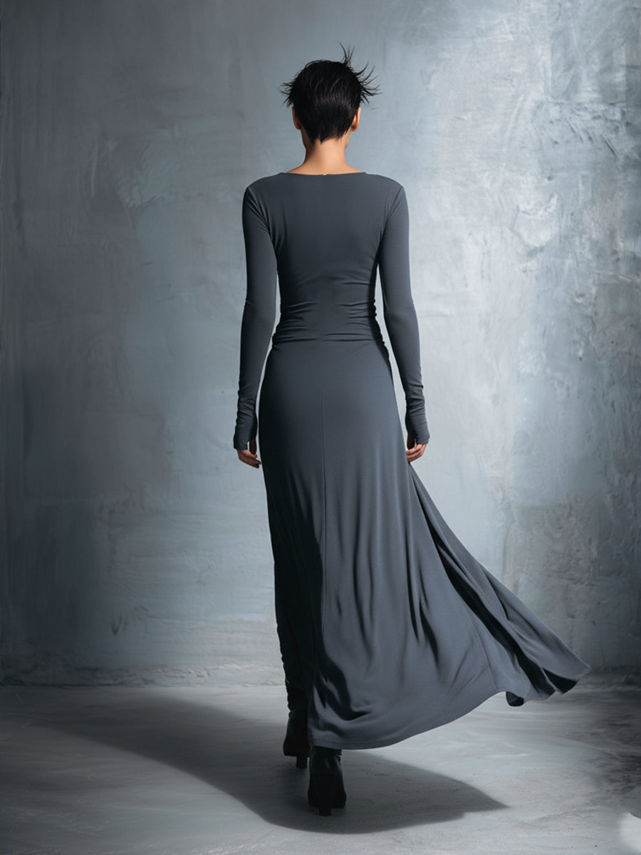 Women's Long-Sleeve Knotted Wrap Maxi Dress in Khaki - additional view 10 | Hensley London
