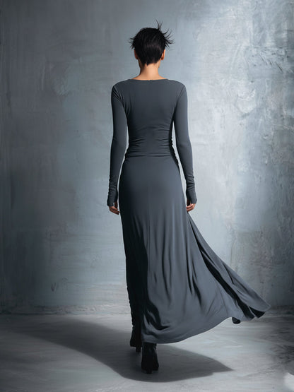 Women's Long-Sleeve Knotted Wrap Maxi Dress in Khaki - additional view 10 | Hensley London