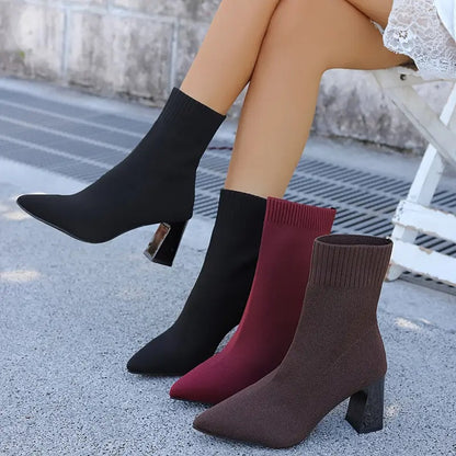 Women's Pointed-Toe Stretch-Knit Heel Boots – additional product view | Hensley London