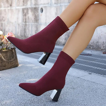 Women's Pointed-Toe Stretch-Knit Heel Boots – additional product view | Hensley London