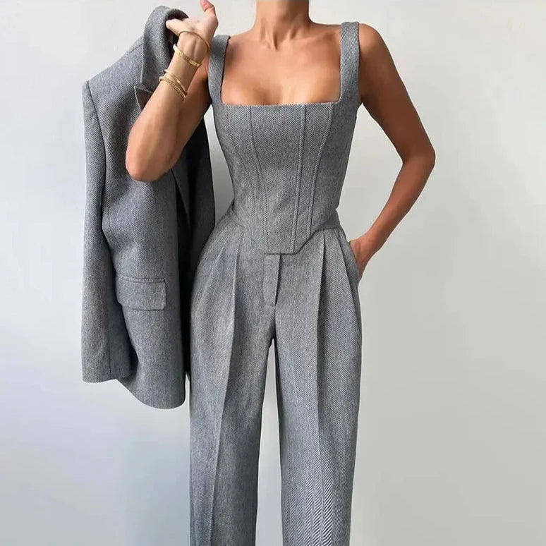 Women's Corset-Top Three-Piece Trouser Set in Gray – Additional product view | Hensley London