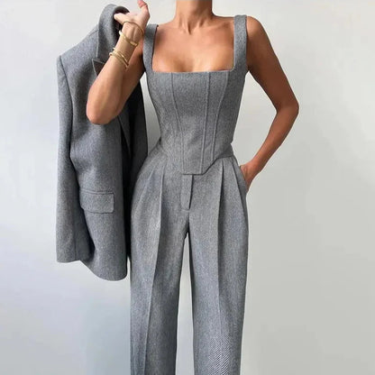 Women's Corset-Top Three-Piece Trouser Set in Gray – Additional product view | Hensley London