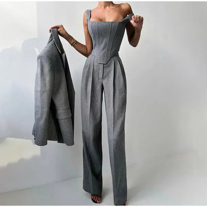 Women's Corset-Top Three-Piece Trouser Set in Gray – Additional product view | Hensley London
