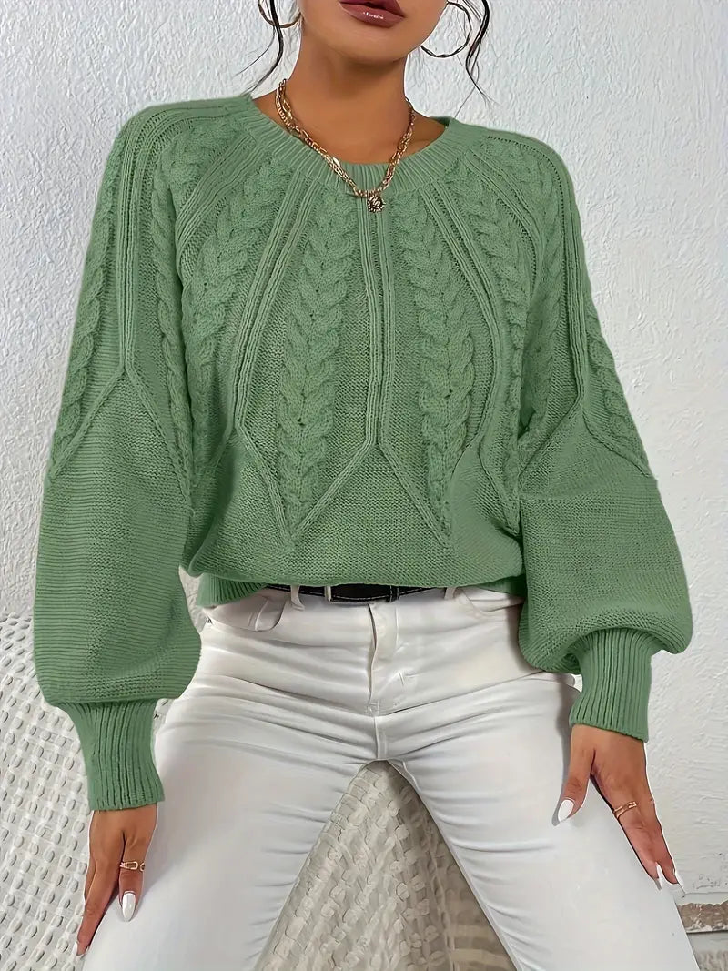 Women's Cable-Knit Long-Sleeve Sweater in Green – Additional product view | Hensley London