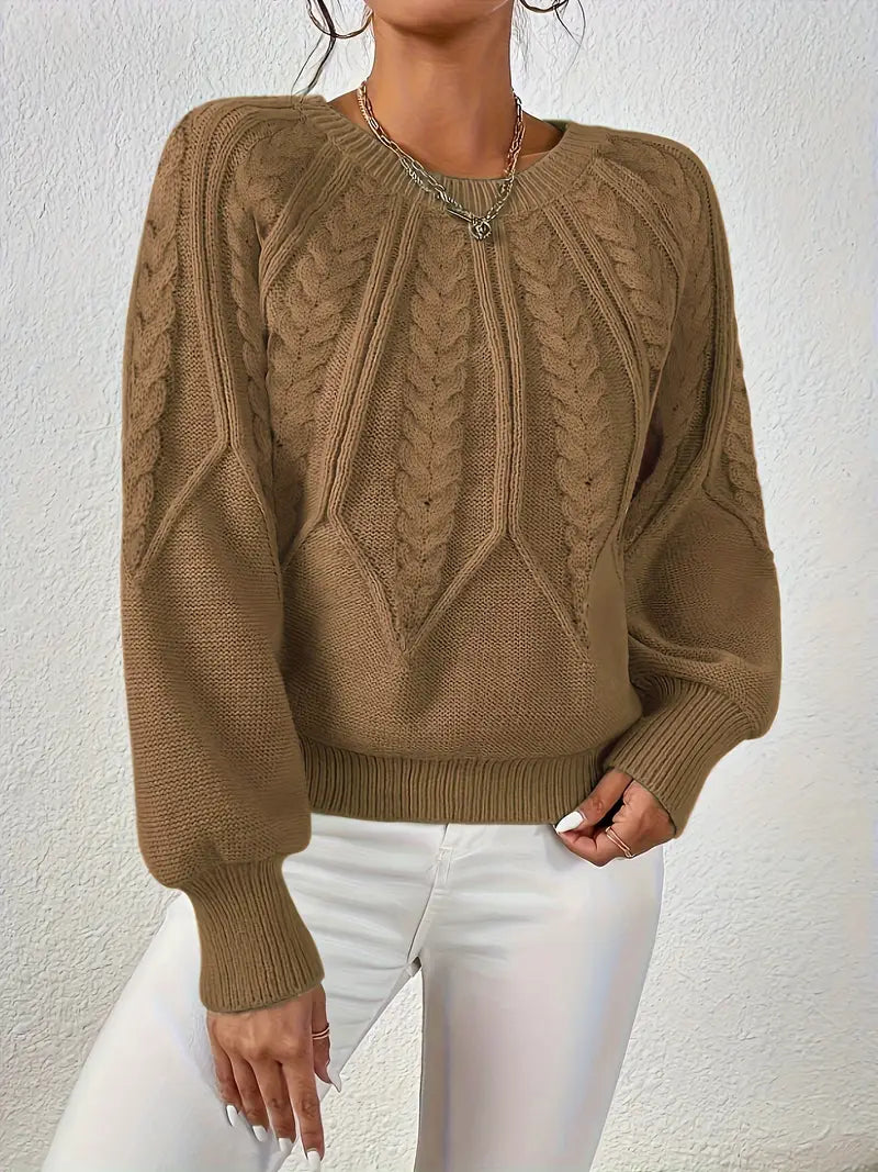 Women's Cable-Knit Long-Sleeve Sweater in Camel – Additional product view | Hensley London
