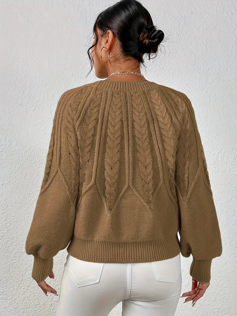 Women's Cable-Knit Long-Sleeve Sweater in Camel – Additional product view | Hensley London