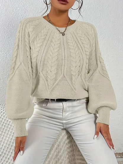 Women's Cable-Knit Long-Sleeve Sweater in Beige – Additional product view | Hensley London