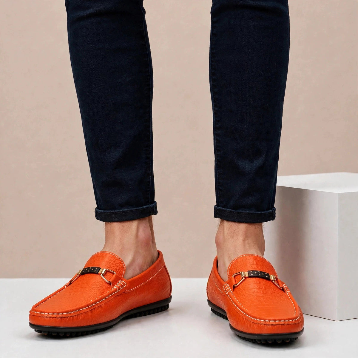 Men's Textured Bit-Detail Driving Loafers in Orange – Additional product view | Hensley London