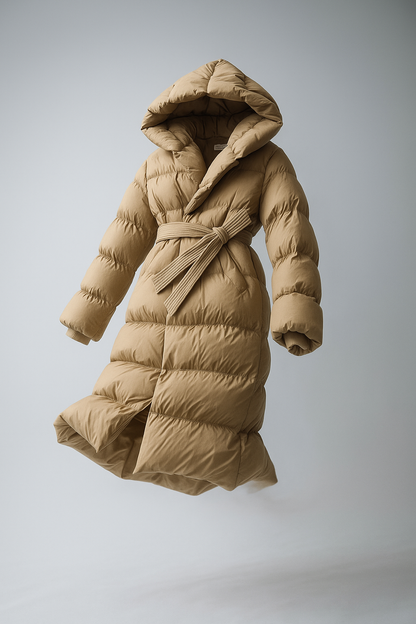 Women's Hooded Belted Long Down Puffer Coat – additional product view | Hensley London