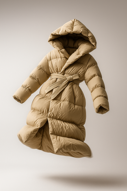 Women's Hooded Belted Long Down Puffer Coat – additional product view | Hensley London
