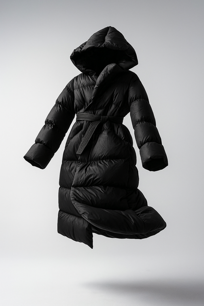 Women's Hooded Belted Long Down Puffer Coat – additional product view | Hensley London