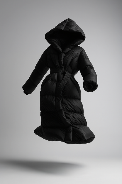 Women's Hooded Belted Long Down Puffer Coat – additional product view | Hensley London