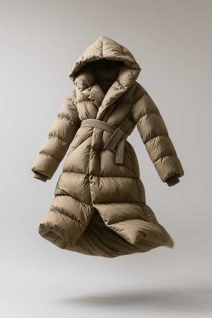 Women's Hooded Belted Long Down Puffer Coat – additional product view | Hensley London