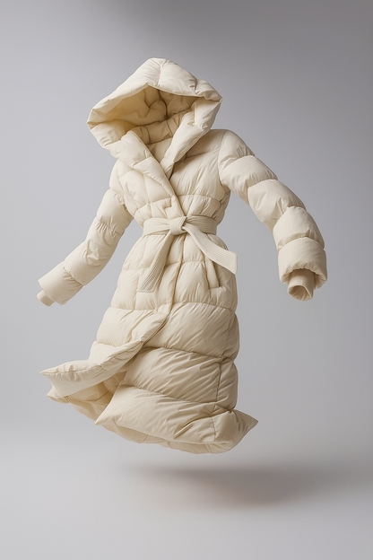 Women's Hooded Belted Long Down Puffer Coat – additional product view | Hensley London