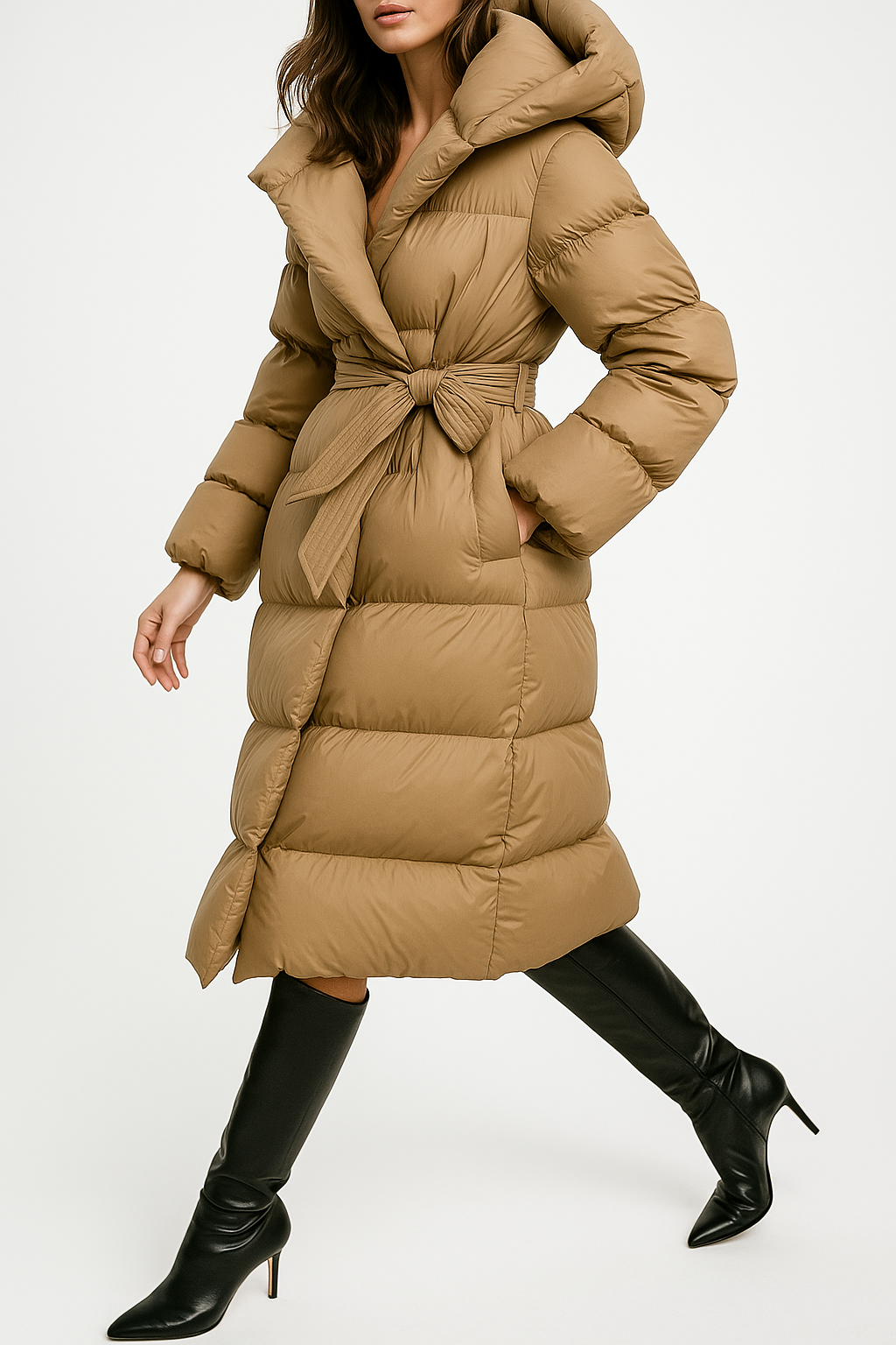 Women's Hooded Belted Long Down Puffer Coat – additional product view | Hensley London