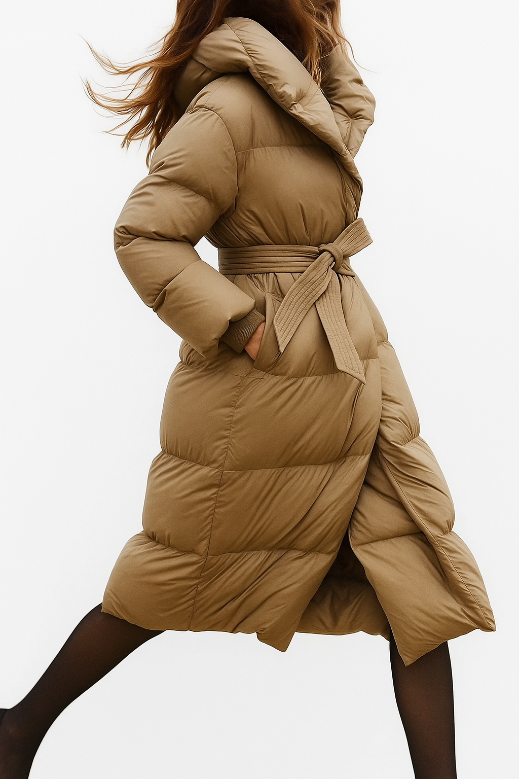 Women's Hooded Belted Long Down Puffer Coat – additional product view | Hensley London
