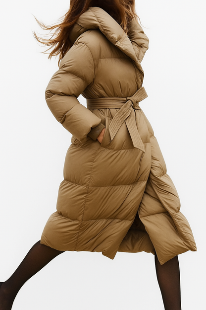 Women's Hooded Belted Long Down Puffer Coat – additional product view | Hensley London