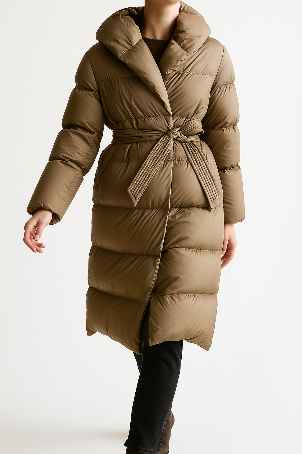 Women's Hooded Belted Long Down Puffer Coat – additional product view | Hensley London