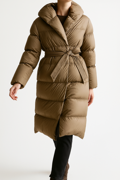 Women's Hooded Belted Long Down Puffer Coat – additional product view | Hensley London
