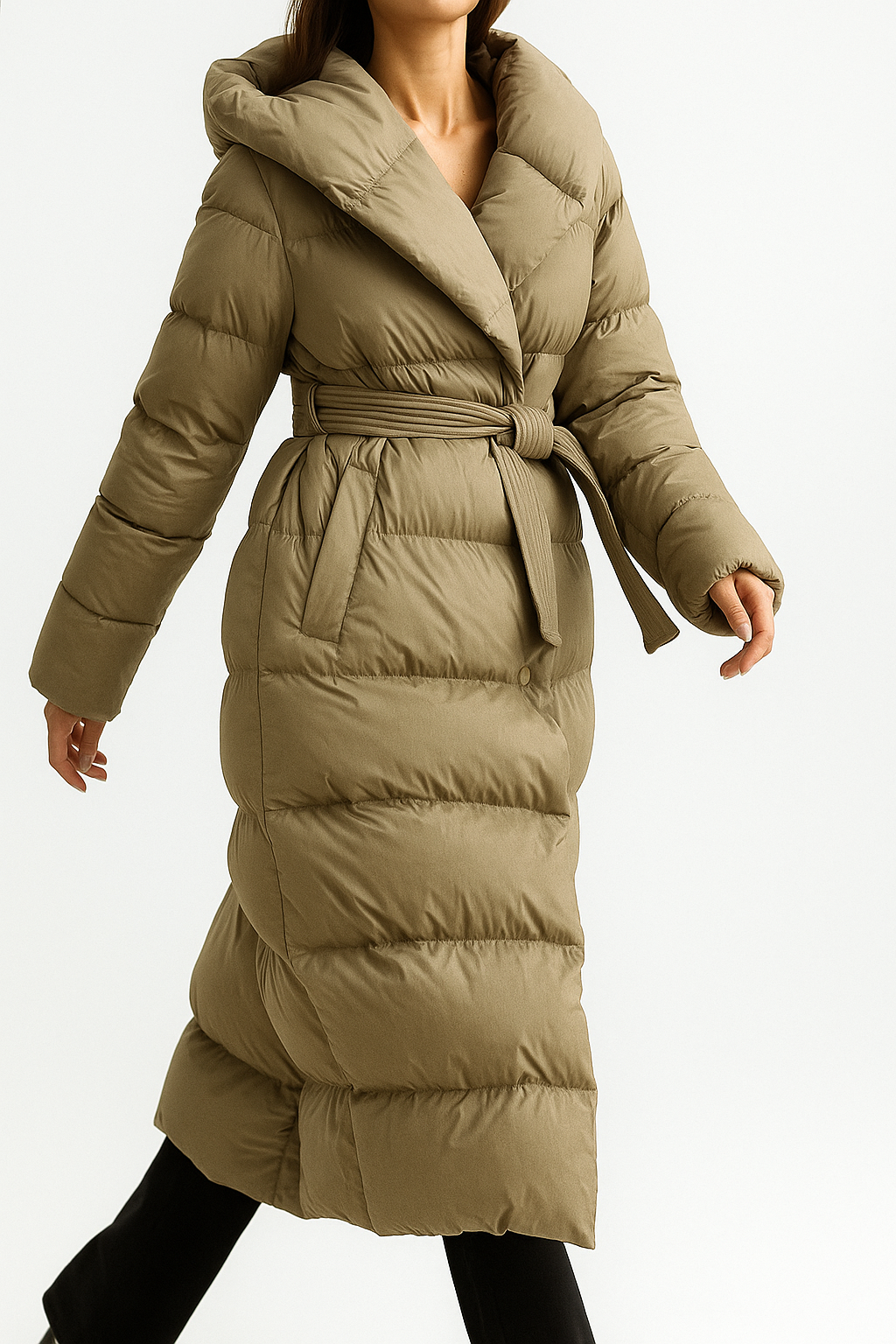 Women's Hooded Belted Long Down Puffer Coat – additional product view | Hensley London