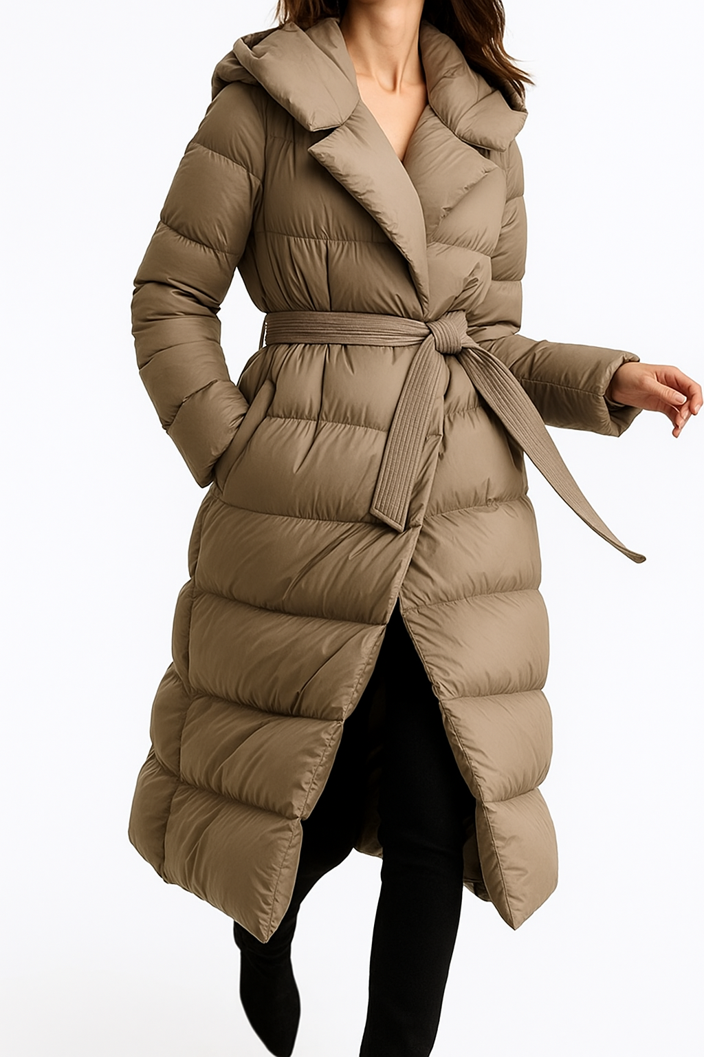 Women's Hooded Belted Long Down Puffer Coat – additional product view | Hensley London