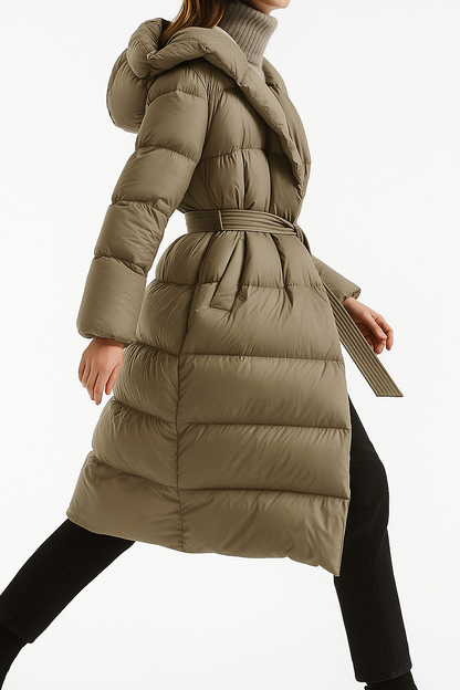 Women's Hooded Belted Long Down Puffer Coat – additional product view | Hensley London