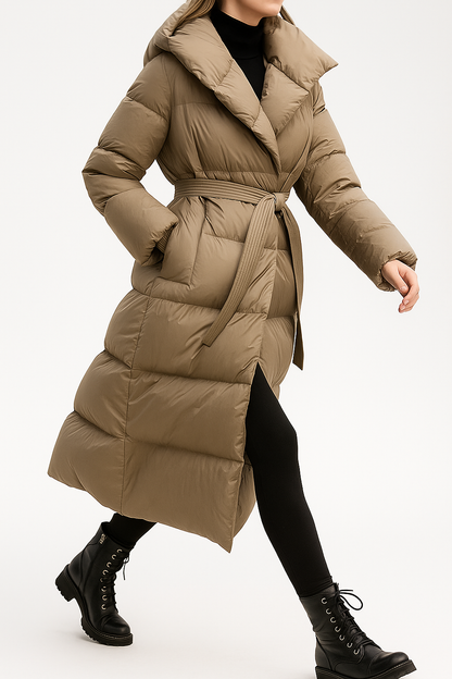 Women's Hooded Belted Long Down Puffer Coat – additional product view | Hensley London