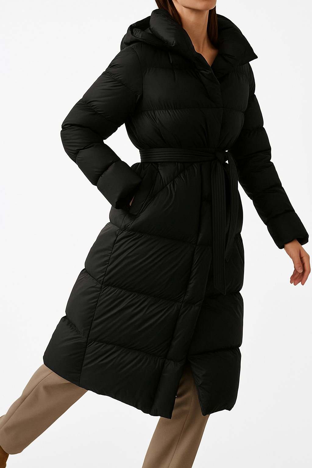 Women's Hooded Belted Long Down Puffer Coat – additional product view | Hensley London