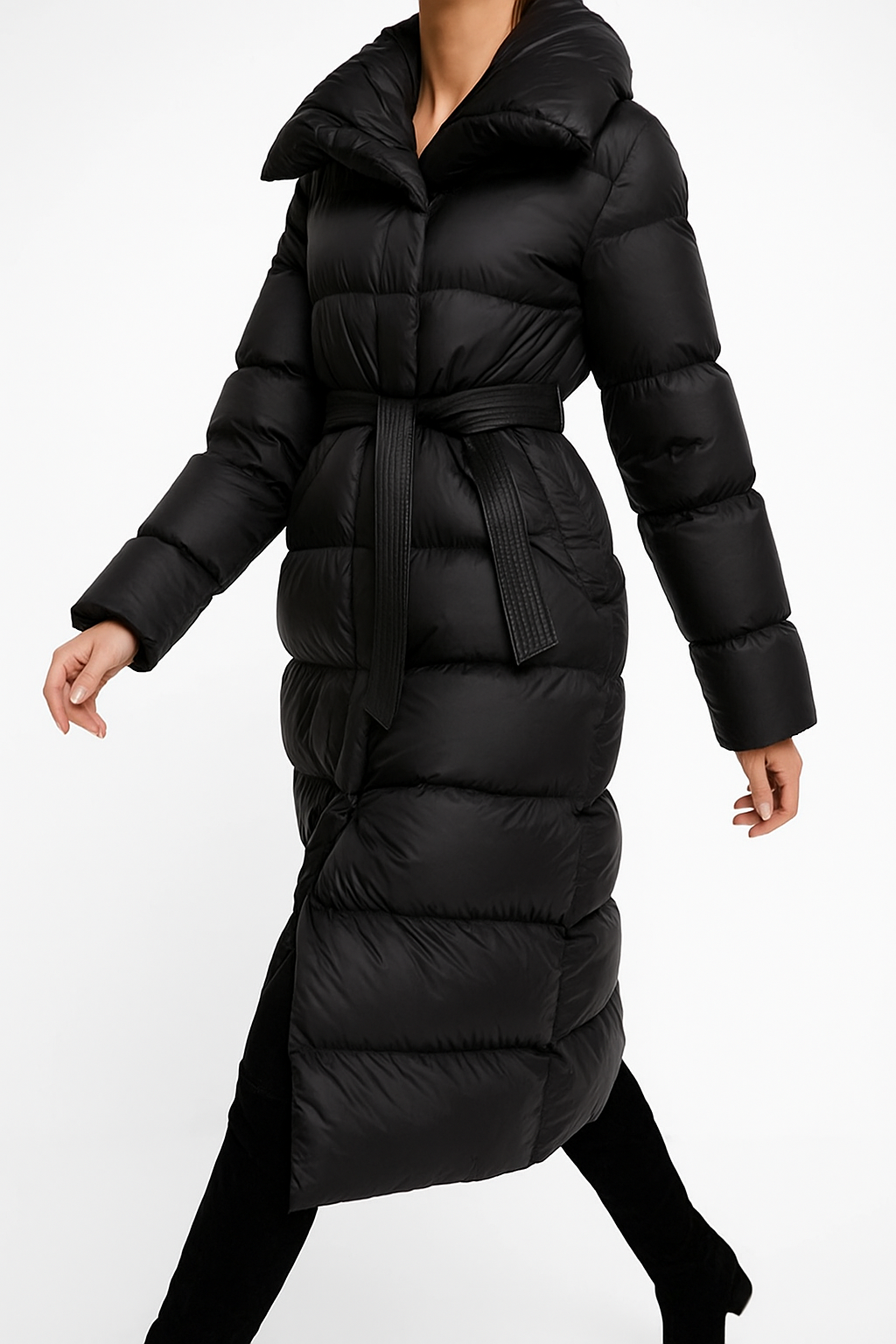 Women's Hooded Belted Long Down Puffer Coat – additional product view | Hensley London
