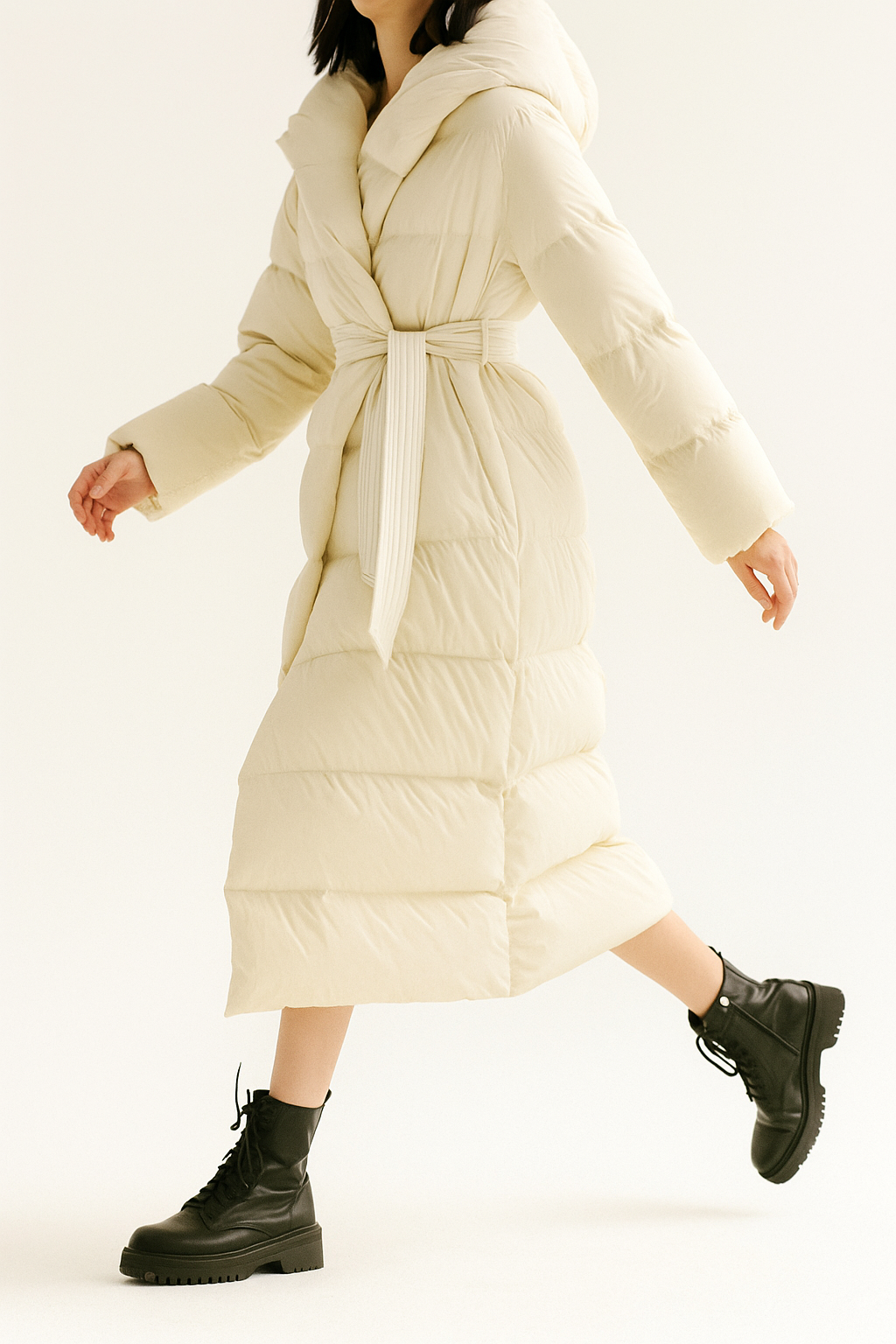 Women's Hooded Belted Long Down Puffer Coat – additional product view | Hensley London