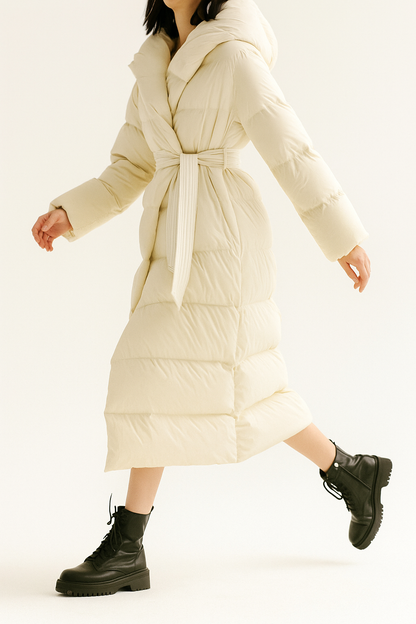 Women's Hooded Belted Long Down Puffer Coat – additional product view | Hensley London