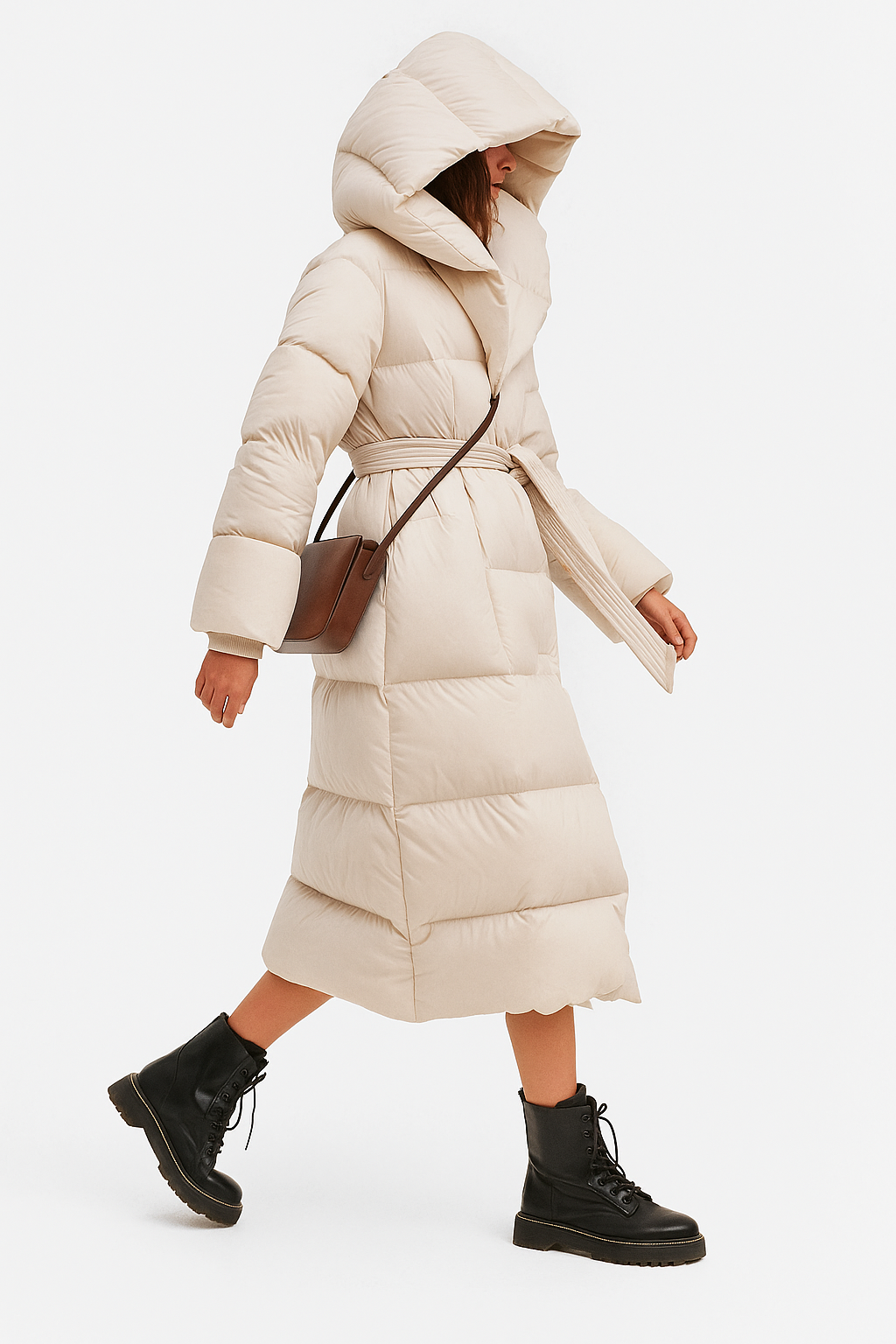Women's Hooded Belted Long Down Puffer Coat – additional product view | Hensley London