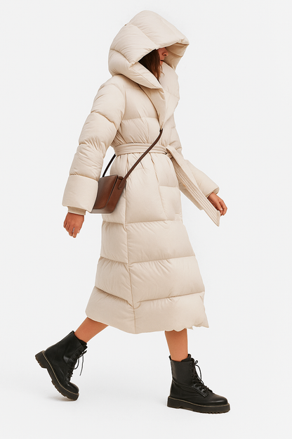 Women's Hooded Belted Long Down Puffer Coat – additional product view | Hensley London