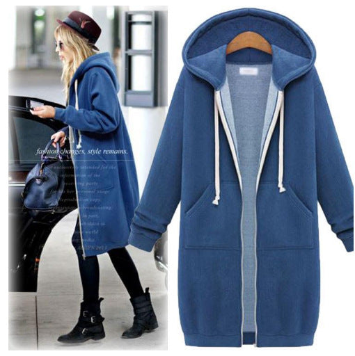 Women's Longline Hooded Zip-Up Sweatshirt in Blue – additional product view | Hensley London