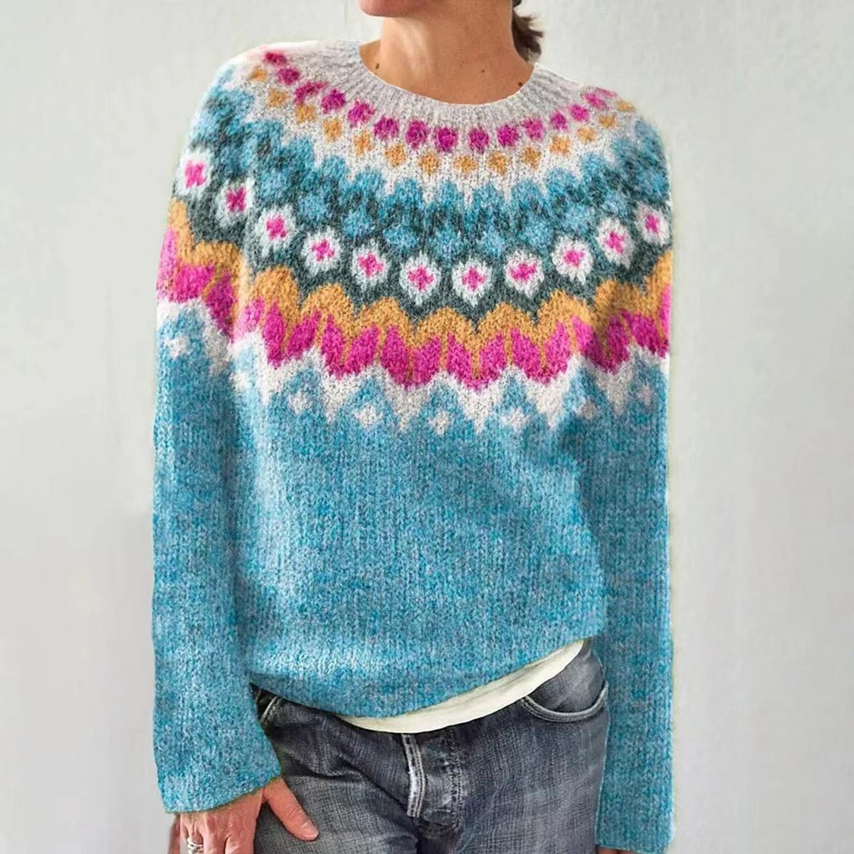 Women's Geometric Knit Crew-Neck Sweater in Pattern 14 – additional product view | Hensley London