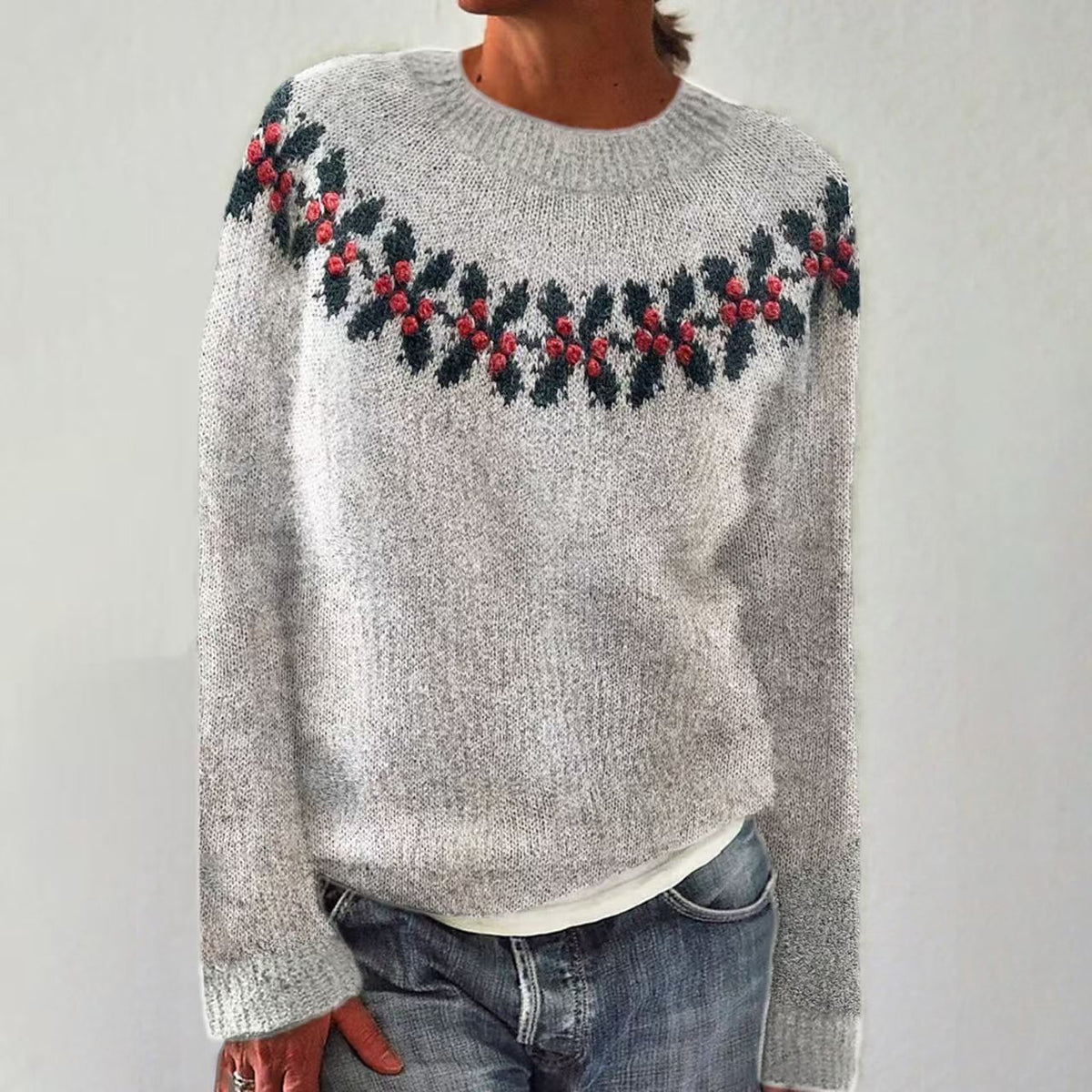 Women's Geometric Knit Crew-Neck Sweater in Pattern 15 – additional product view | Hensley London