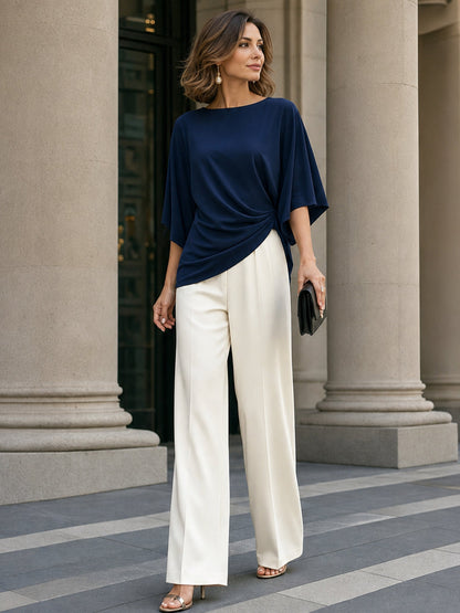 Women's Draped Blouse and Wide-Leg Pants Two-Piece Set in Navy Blue - blouse styled with contrasting trousers | Hensley London