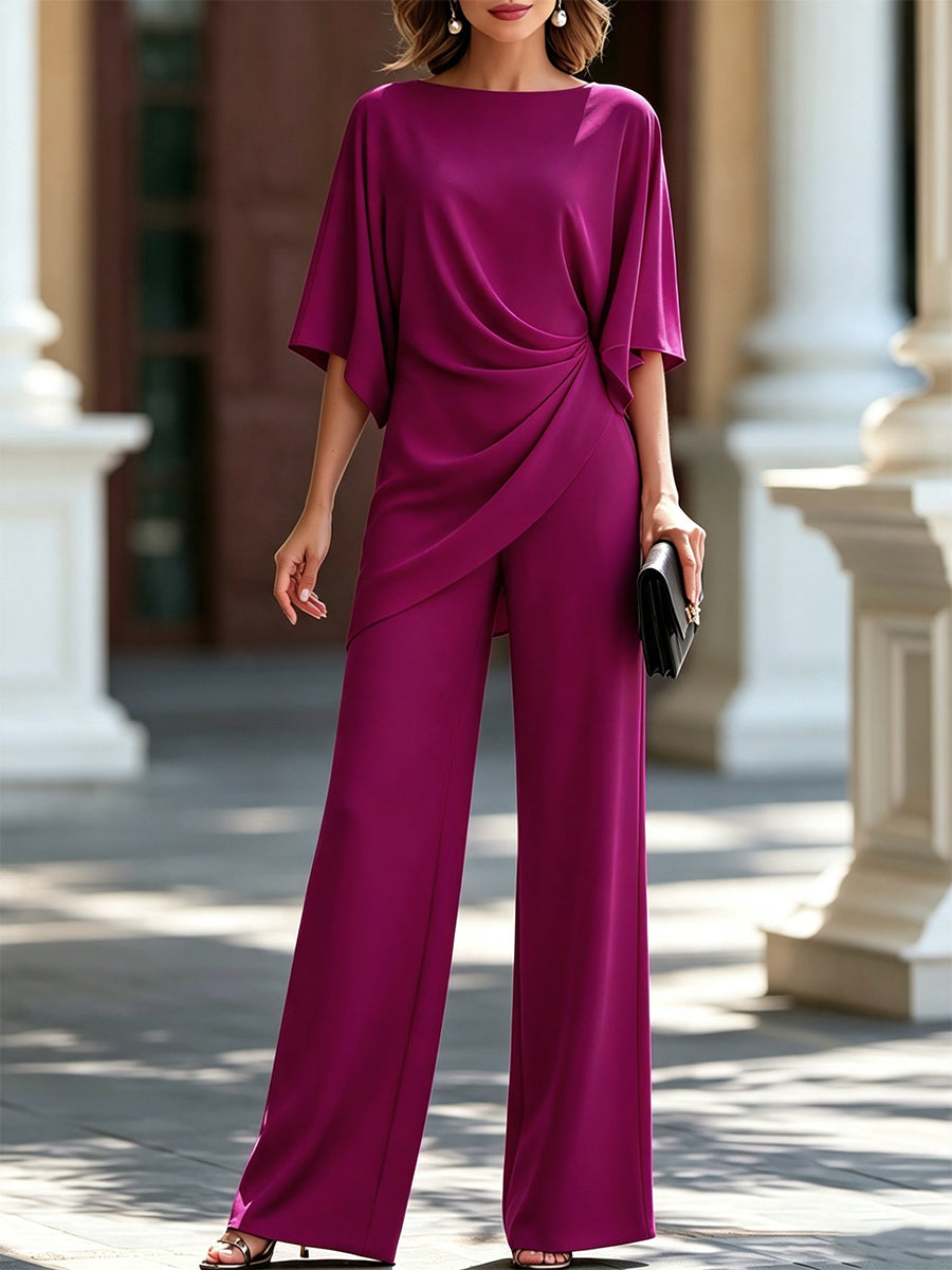 Women's Draped Blouse and Wide-Leg Pants Two-Piece Set in Fuchsia - lifestyle view | Hensley London
