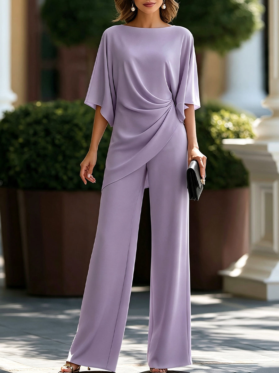 Women's Draped Blouse and Wide-Leg Pants Two-Piece Set in Lavender - lifestyle view | Hensley London