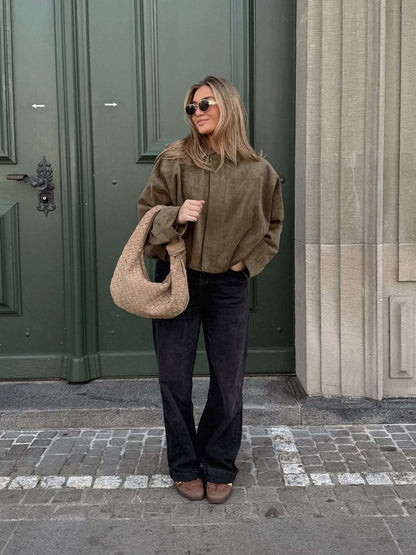 Women's Faux Suede Collared Bomber Jacket in Green - lifestyle view | Hensley London