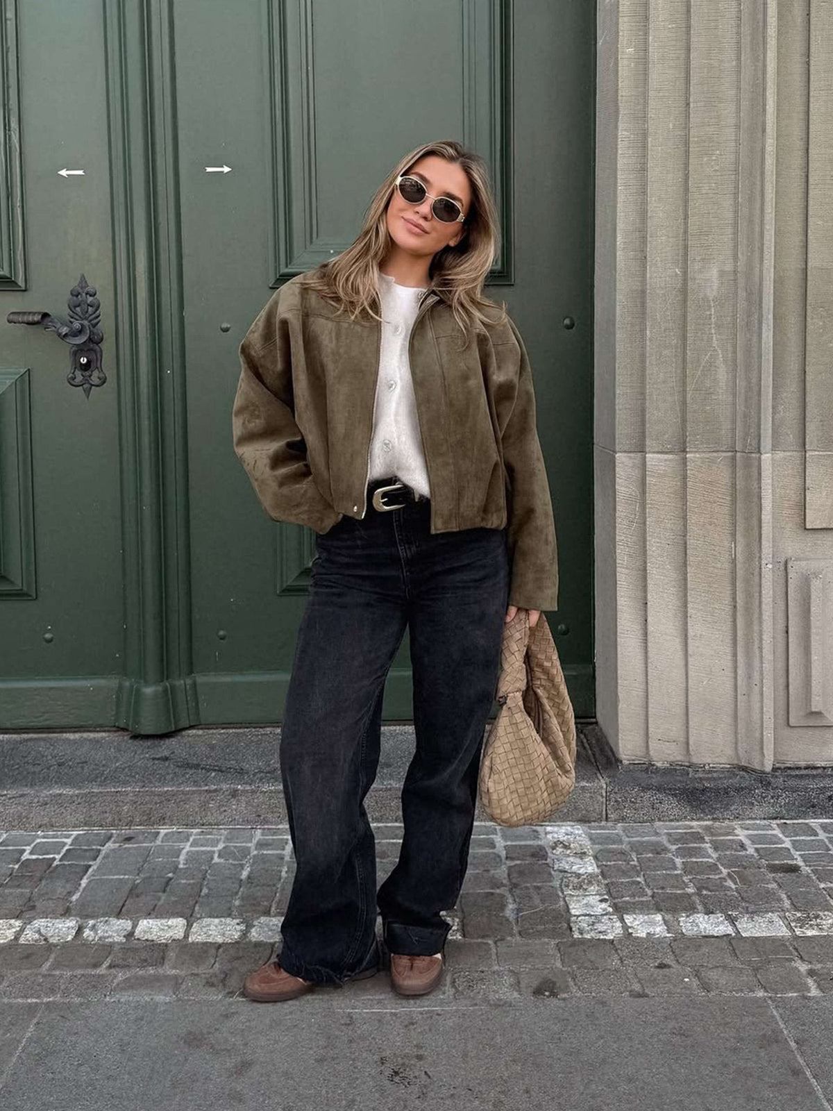 Women's Faux Suede Collared Bomber Jacket in Green - lifestyle view | Hensley London