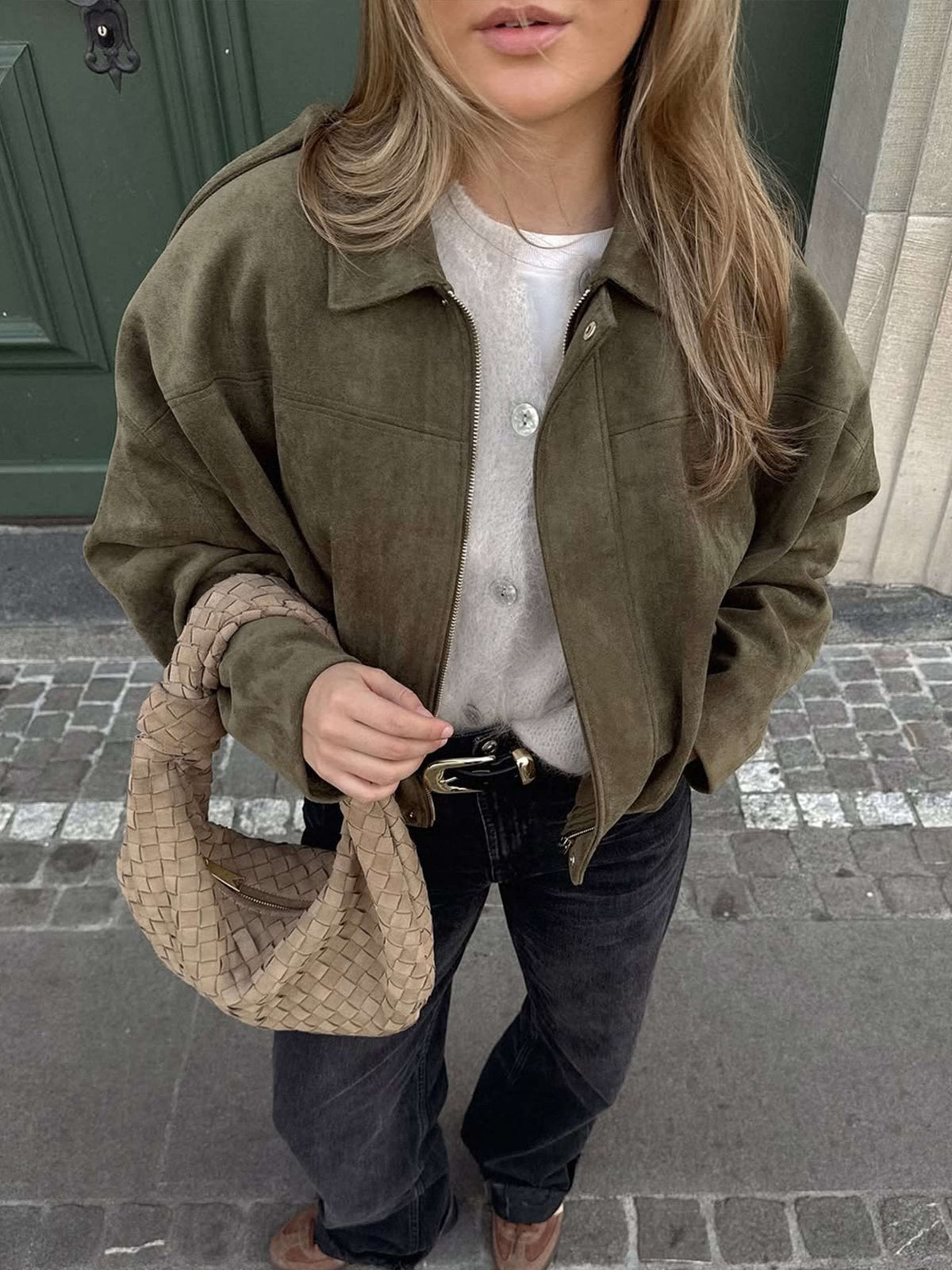 Women's Faux Suede Collared Bomber Jacket in Green - lifestyle view | Hensley London